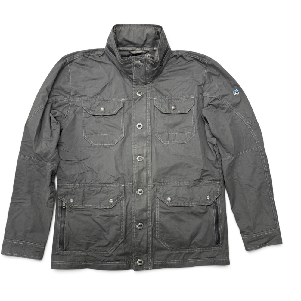 KUHL Kollusion Jacket Mens Large Gunmetal Grey Field Coat Stowaway Hood 1040